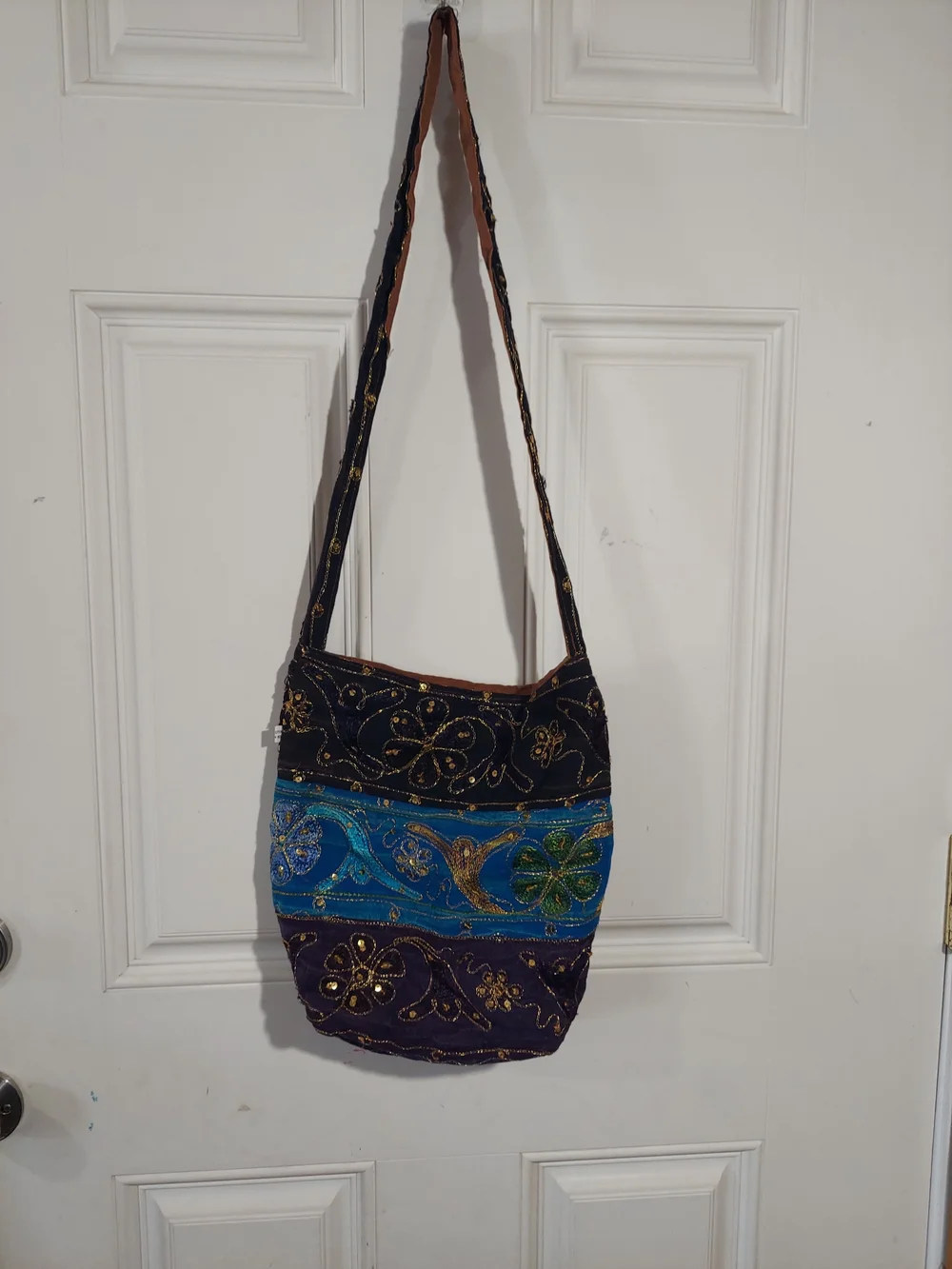 Embroidered Multicolor Hobo Bag - Blue, Purple, Black